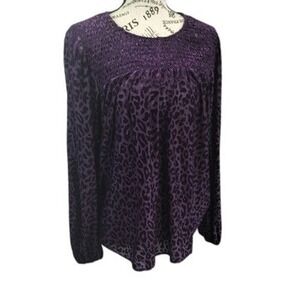 Umgee Purple Leopard Print Smocked Keyhole Button Long Sleeve Blouse Womens Med